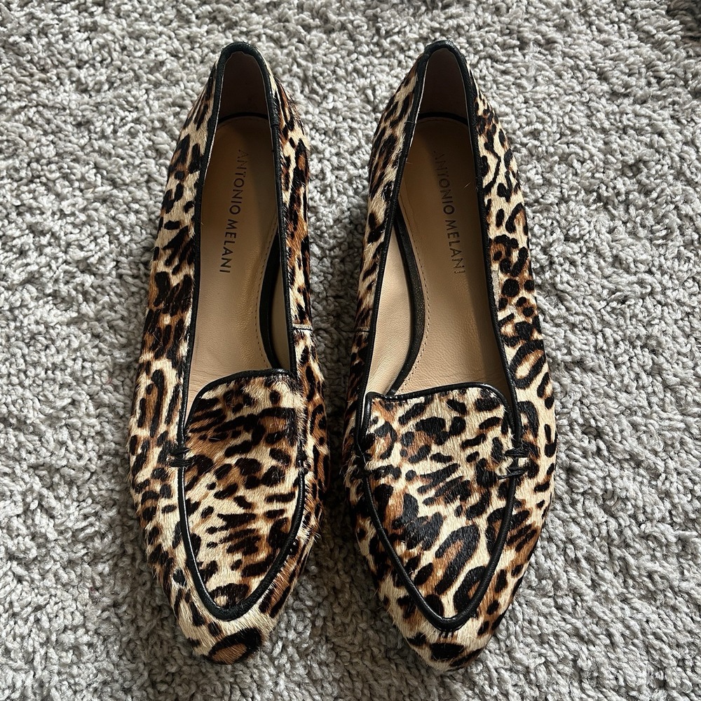 Antonio Melani Leopard Haircalf Loafers Size 6M Genuine Leather Smoking Flats